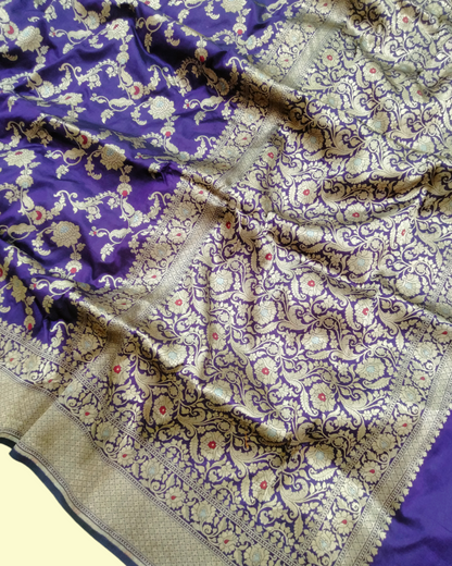 Dark Blue Pure Katan Handloom Silk Uppada - All over Jaal Work with Meenakari Banarasi Saree