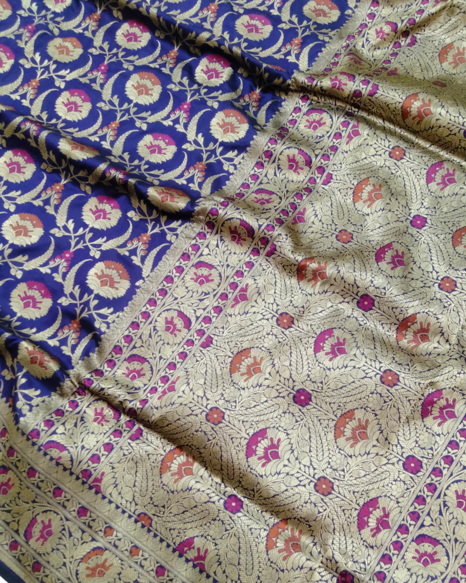 Dark Blue Pure Katan Handloom Silk - All over Jaal Work with Meenakari Banarasi Saree