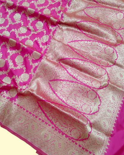 Hot Pink Pure Katan Handloom Silk Uppada - All over Jaal Work Banarasi Saree