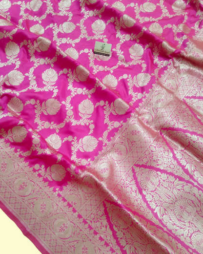 Hot Pink Pure Katan Handloom Silk Uppada - All over Jaal Work Banarasi Saree