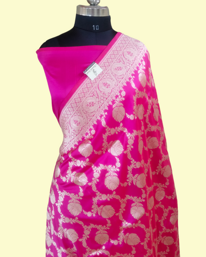 Hot Pink Pure Katan Handloom Silk Uppada - All over Jaal Work Banarasi Saree