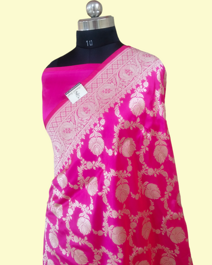 Hot Pink Pure Katan Handloom Silk Uppada - All over Jaal Work Banarasi Saree