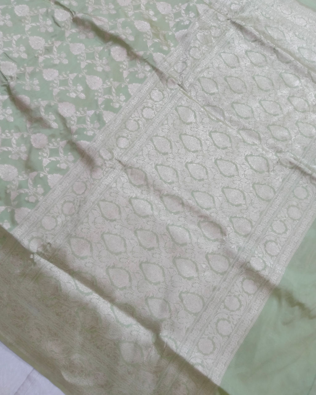 Powder Green Pure Katan Handloom Silk - All over Jaal Work Banarasi Saree