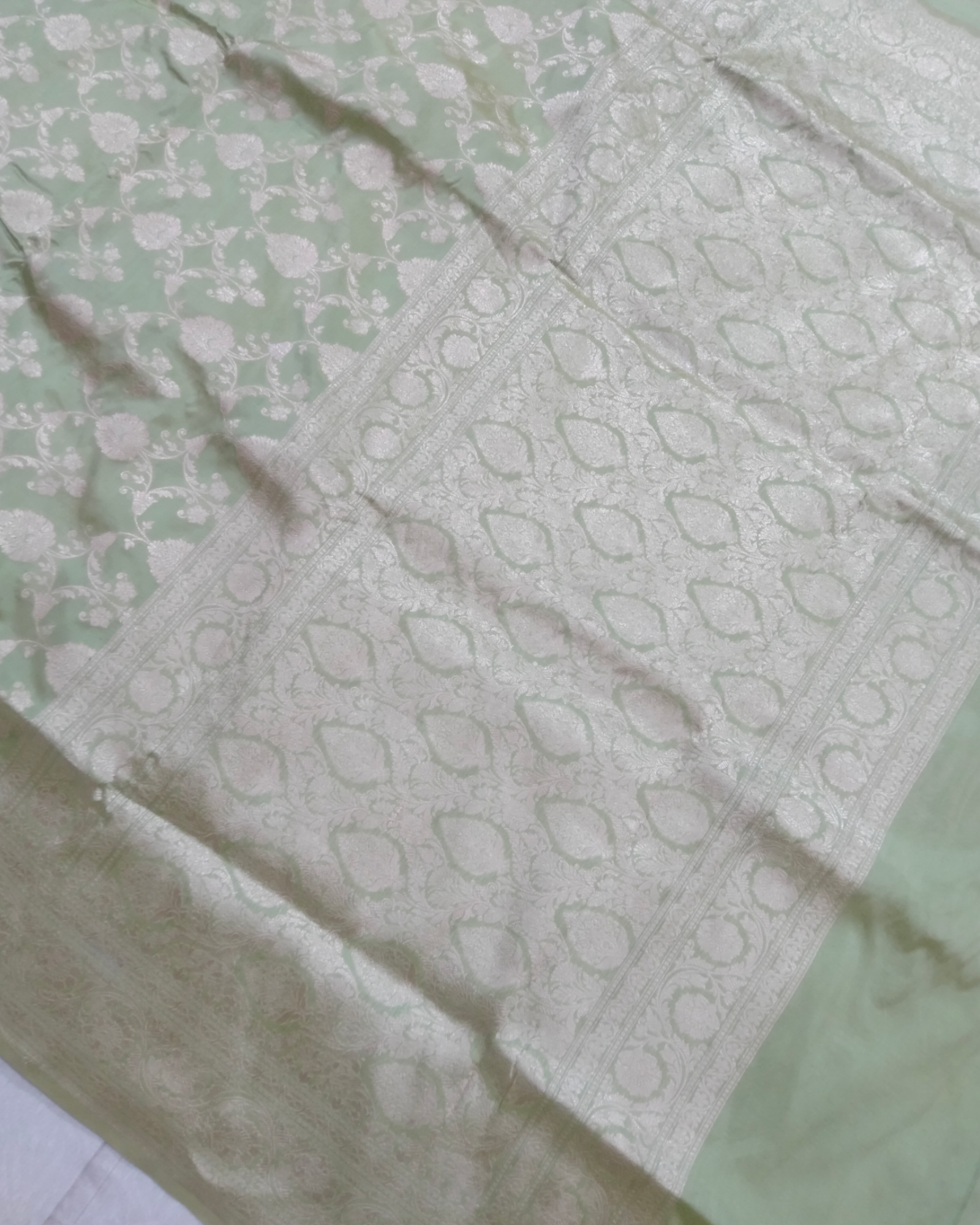Powder Green Pure Katan Handloom Silk - All over Jaal Work Banarasi Saree
