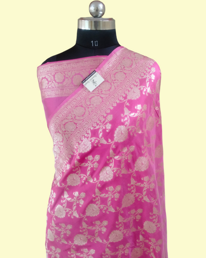 Pink Pure Katan Handloom Silk Uppada - All over Jaal Work Banarasi Saree