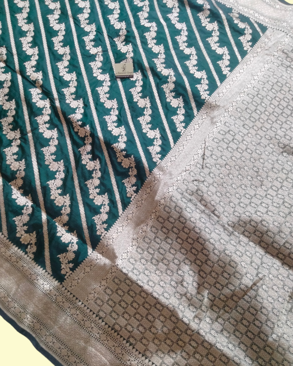 Dark Green Pure Katan Handloom Silk - Jaal Work Banarasi Saree