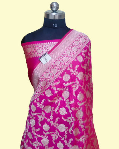 Hot Pink Pure Katan Handloom Silk Uppada - All over Jaal Work Banarasi Saree