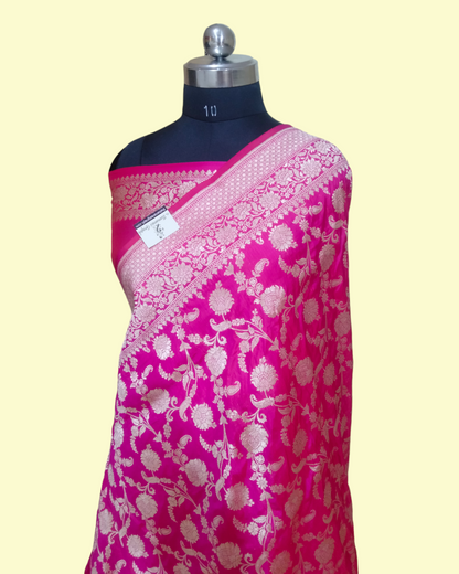 Hot Pink Pure Katan Handloom Silk Uppada - All over Jaal Work Banarasi Saree