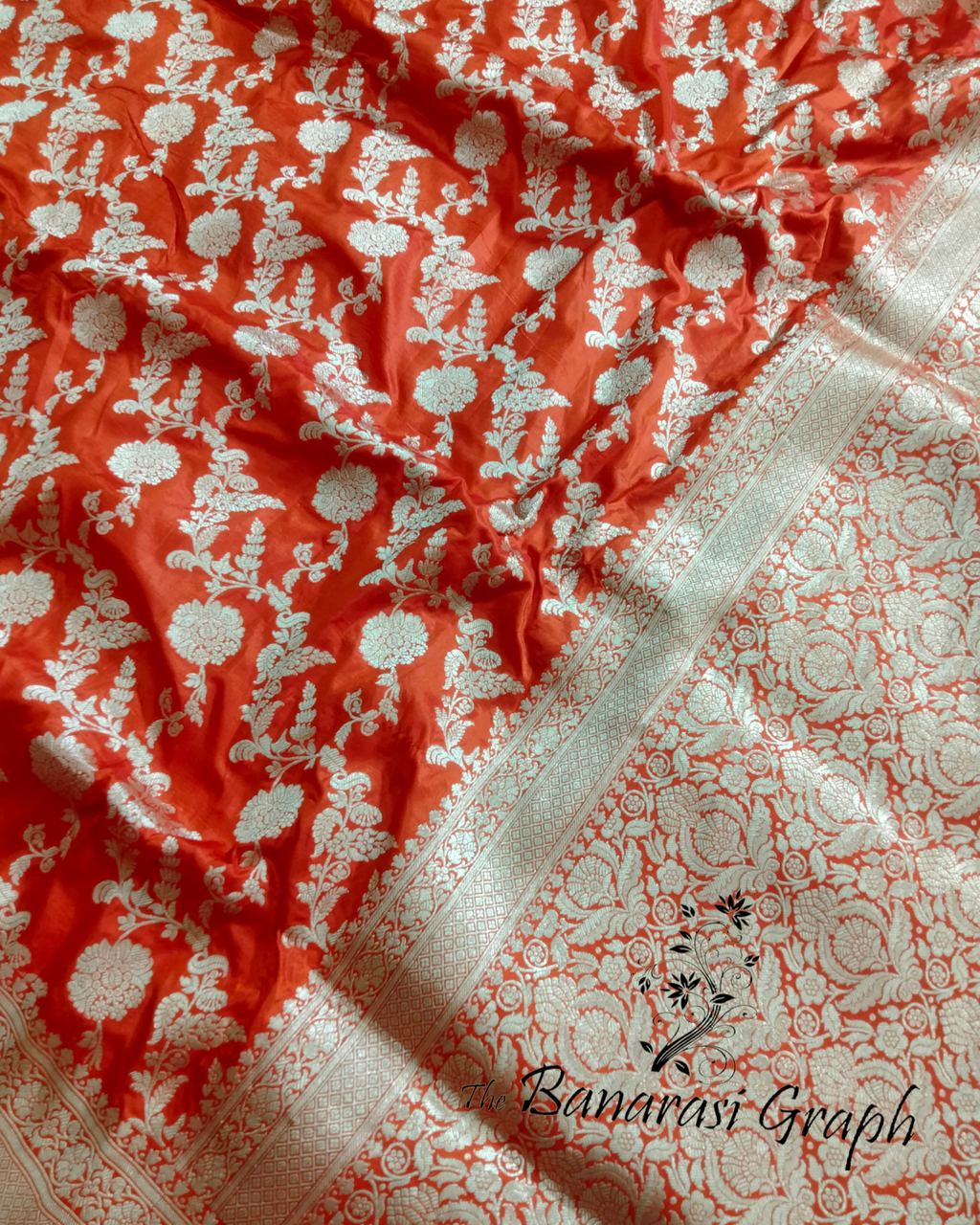 Orange Pure Katan Handloom Silk - All over Jaal Work Banarasi Saree