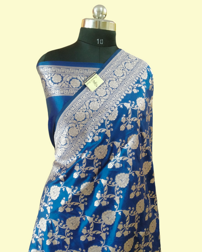 Royal Blue Pure Katan Handloom Silk Uppada - All over Jaal Work Banarasi Saree