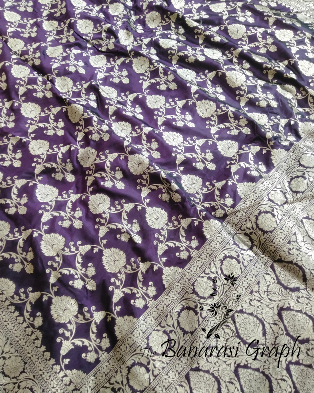 Dark Violet Pure Katan Handloom Silk - All over Jaal Work Banarasi Saree