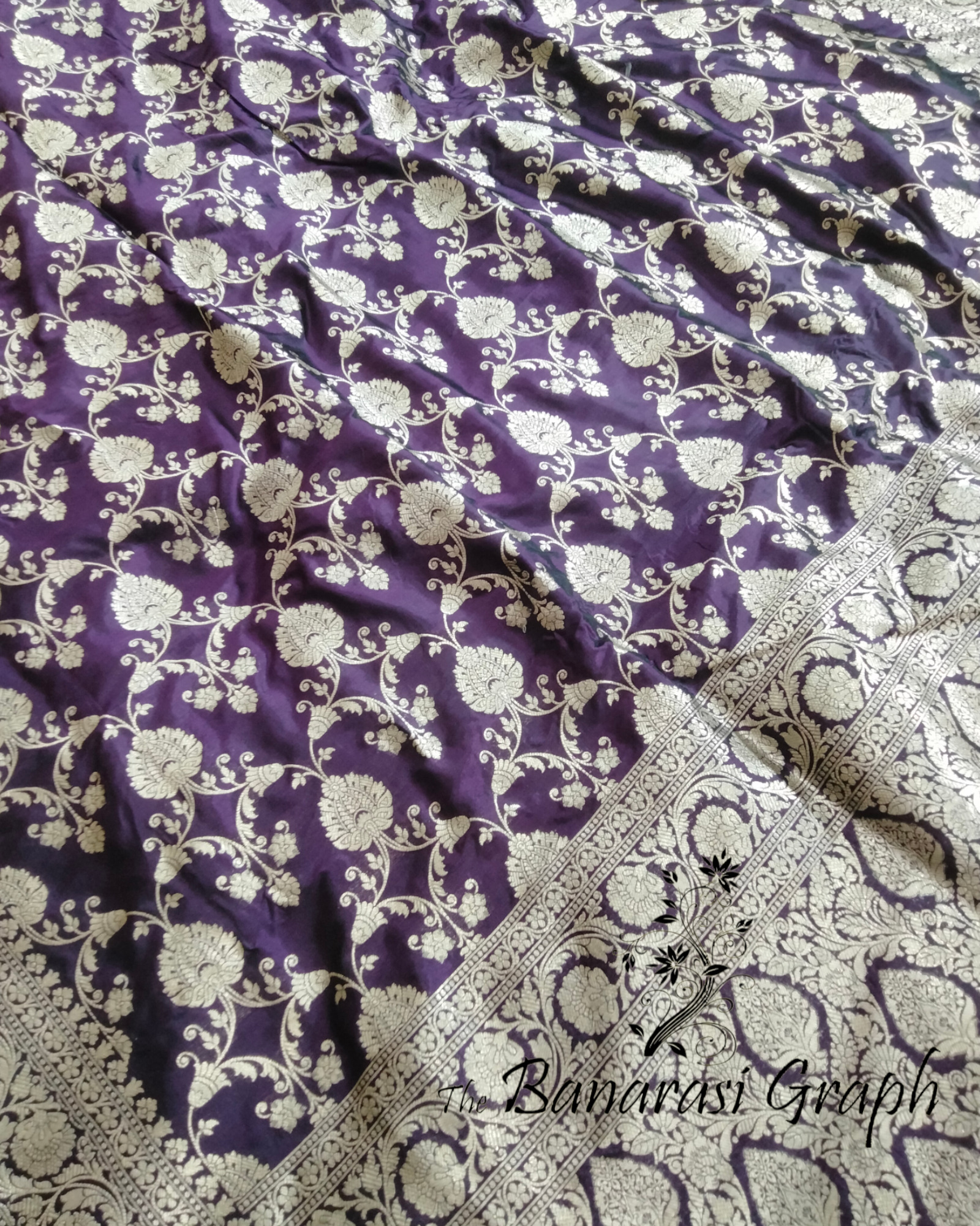 Dark Violet Pure Katan Handloom Silk - All over Jaal Work Banarasi Saree