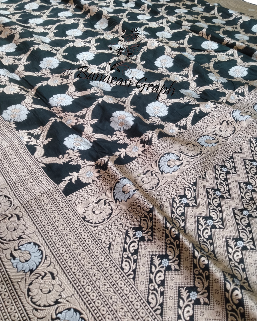 Black Pure Katan Handloom Silk - All Over Sona Rupa Jaal Work Banarasi Saree