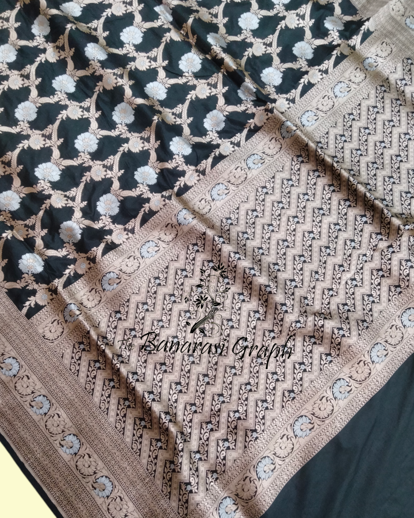 Black Pure Katan Handloom Silk - All Over Sona Roopa Jaal Work Banarasi Saree