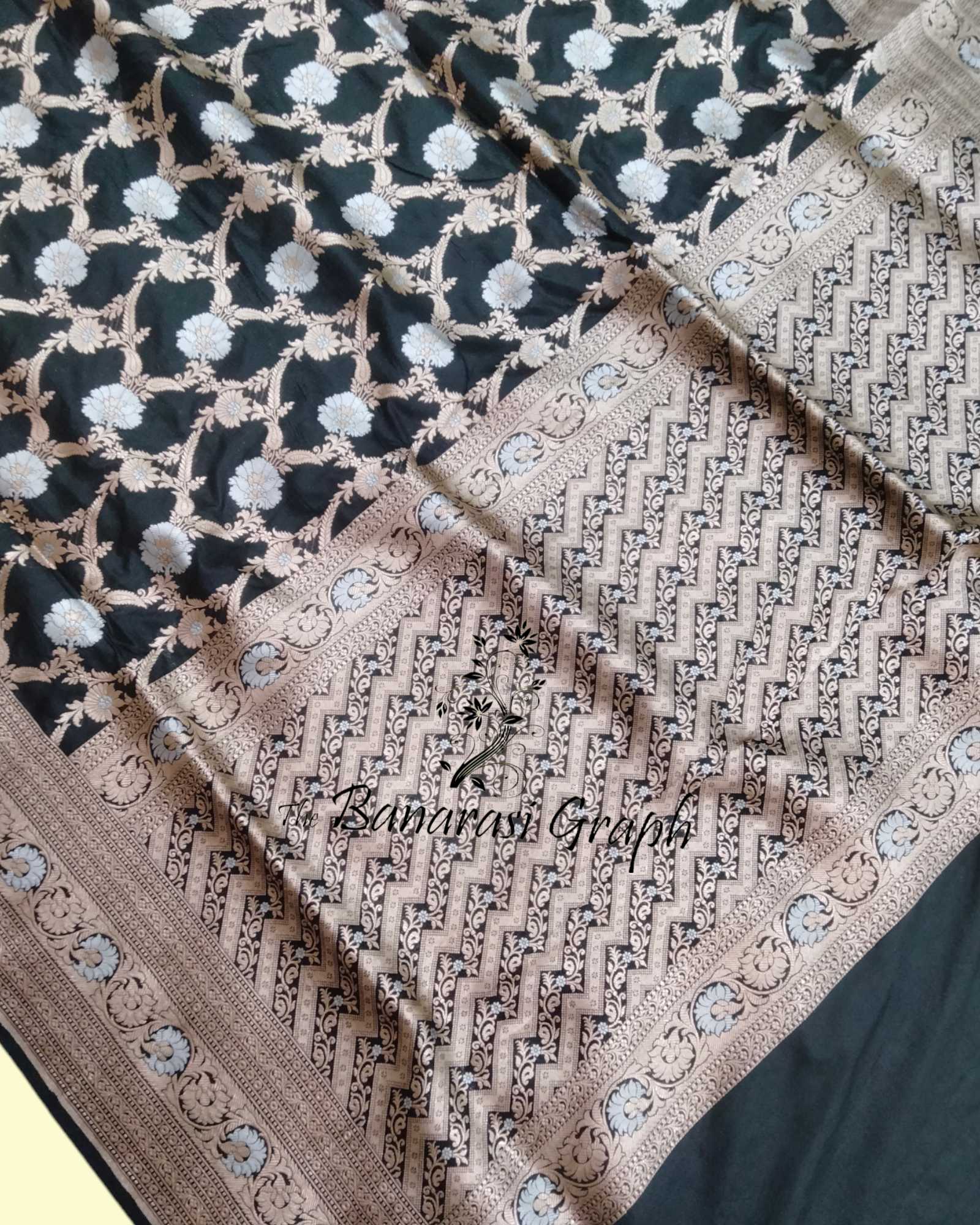 Black Pure Katan Handloom Silk - All Over Sona Rupa Jaal Work Banarasi Saree