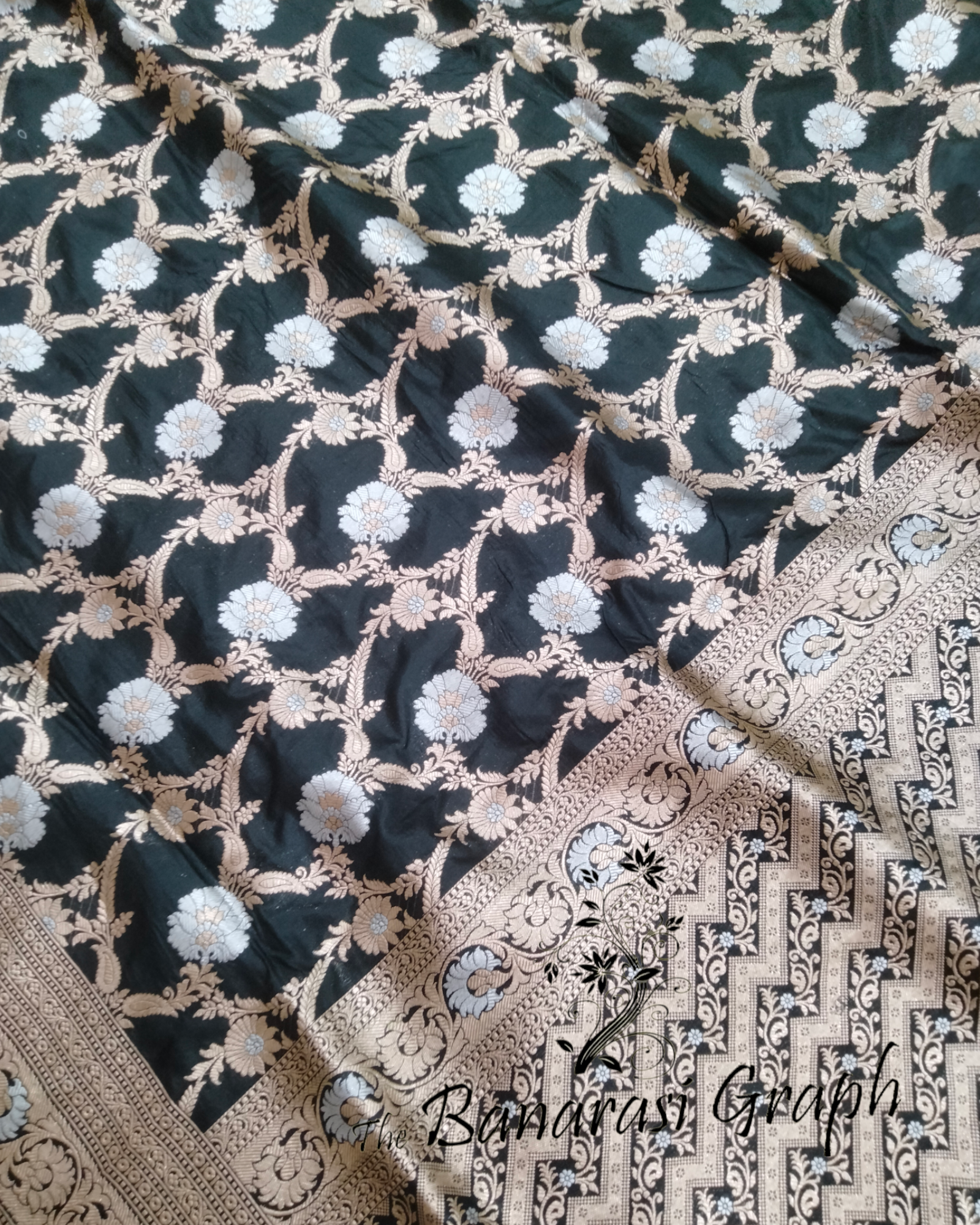 Black Pure Katan Handloom Silk - All Over Sona Rupa Jaal Work Banarasi Saree