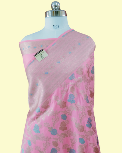 Baby Pink Pure Katan Handloom Silk - All Over Jaal Work Tilfi Meenakari Banarasi Saree