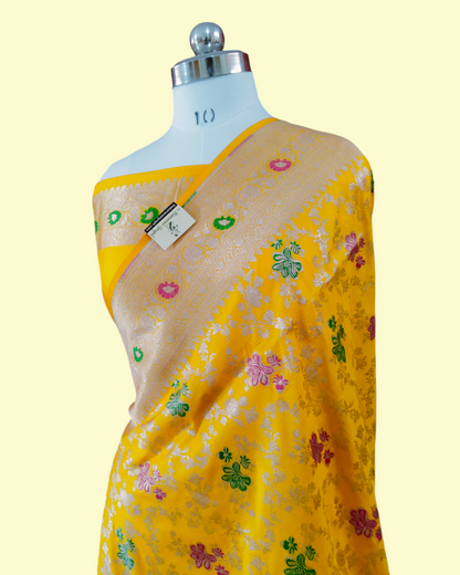 Yellow Pure Katan Handloom Silk - All Over Jaal Work Tilfi Meenakari Banarasi Saree