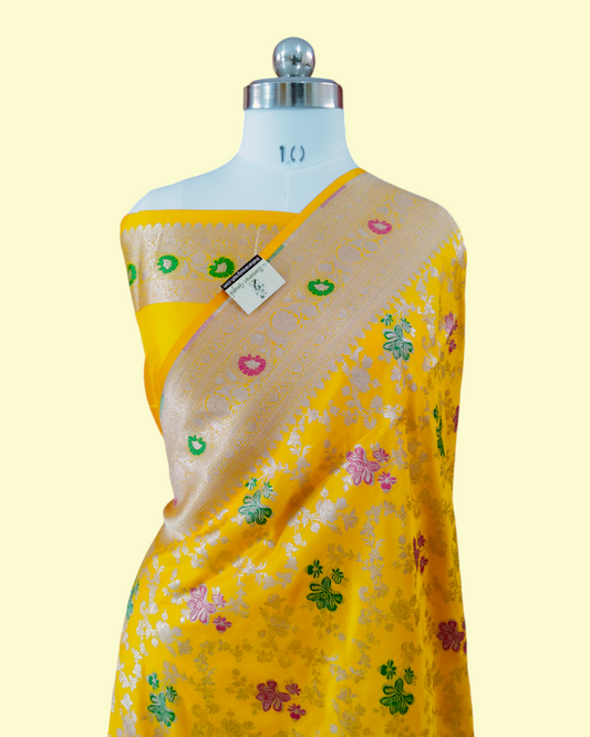 Yellow Pure Katan Handloom Silk - All Over Jaal Work Tilfi Meenakari Banarasi Saree