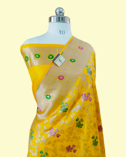 Yellow Pure Katan Handloom Silk - All Over Jaal Work Tilfi Meenakari Banarasi Saree