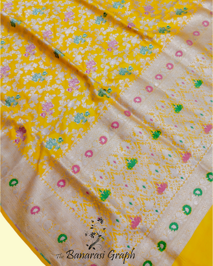 Yellow Pure Katan Handloom Silk - All Over Jaal Work Tilfi Meenakari Banarasi Saree