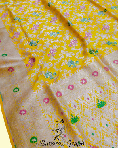 Yellow Pure Katan Handloom Silk - All Over Jaal Work Tilfi Meenakari Banarasi Saree