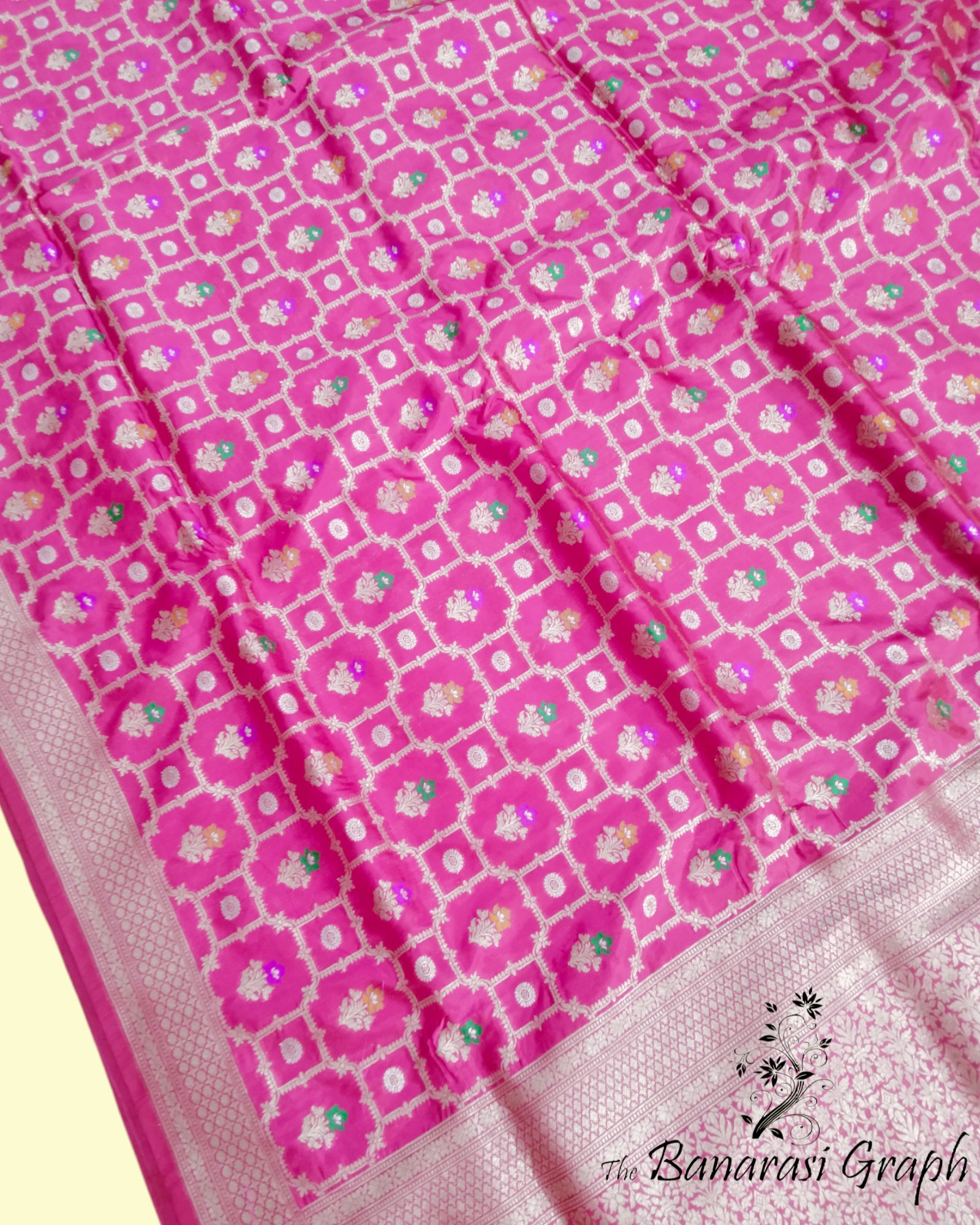 Hot Pink Pure Katan Handloom Silk All over Jaal Work with Meenakari - Banarasi Saree