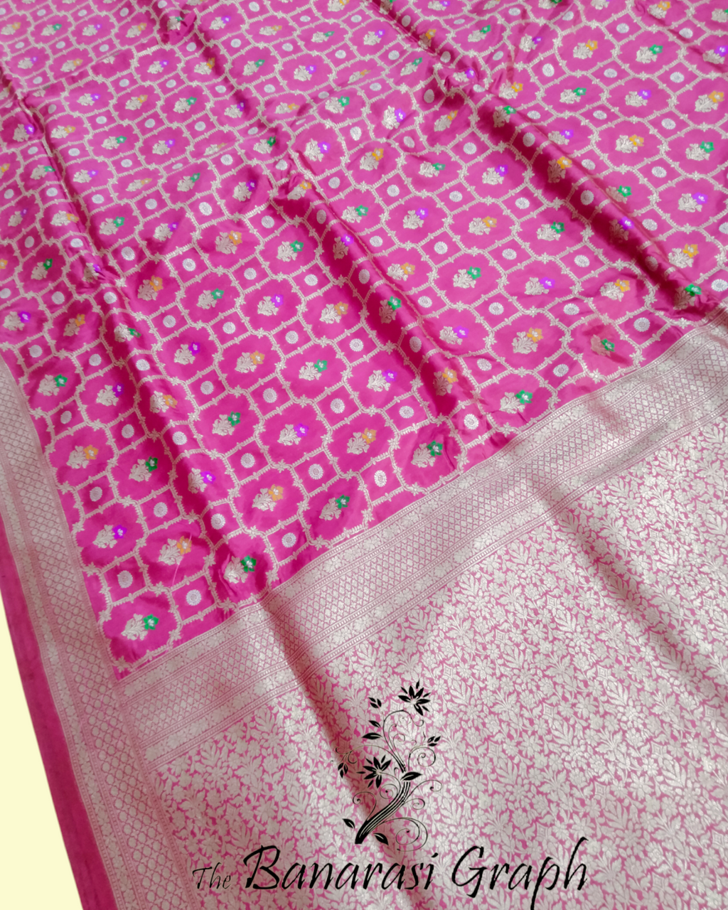 Hot Pink Pure Katan Handloom Silk All over Jaal Work with Meenakari - Banarasi Saree