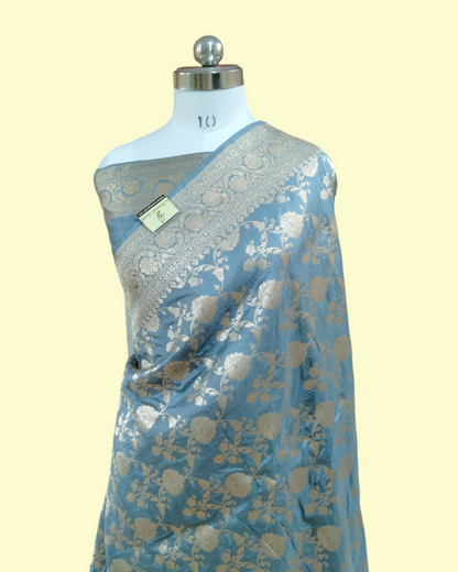 Grey Pure Katan Handloom Silk Uppada - All over Jaal Work Banarasi Saree