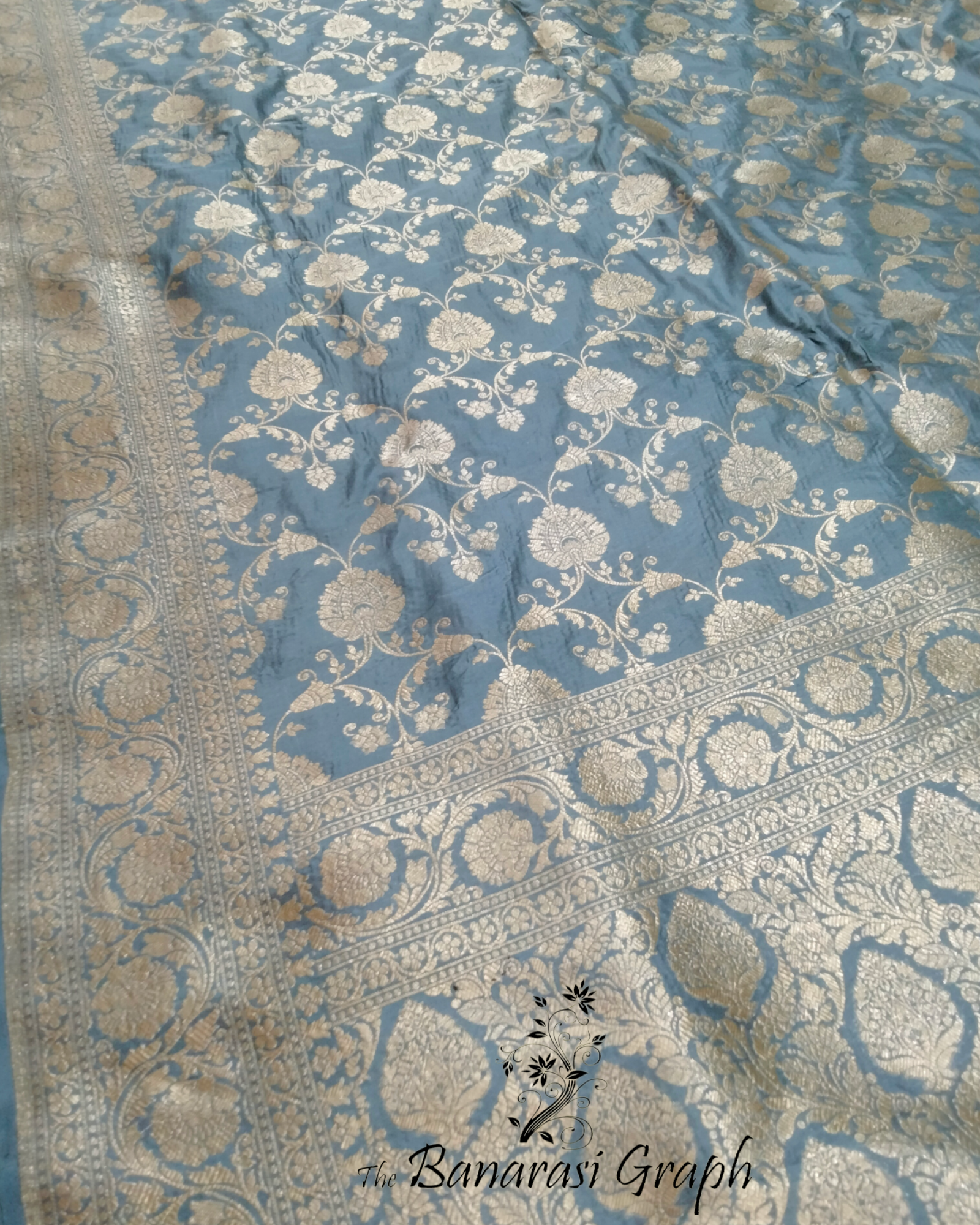Grey Pure Katan Handloom Silk - All Over Jaal Work Banarasi Saree