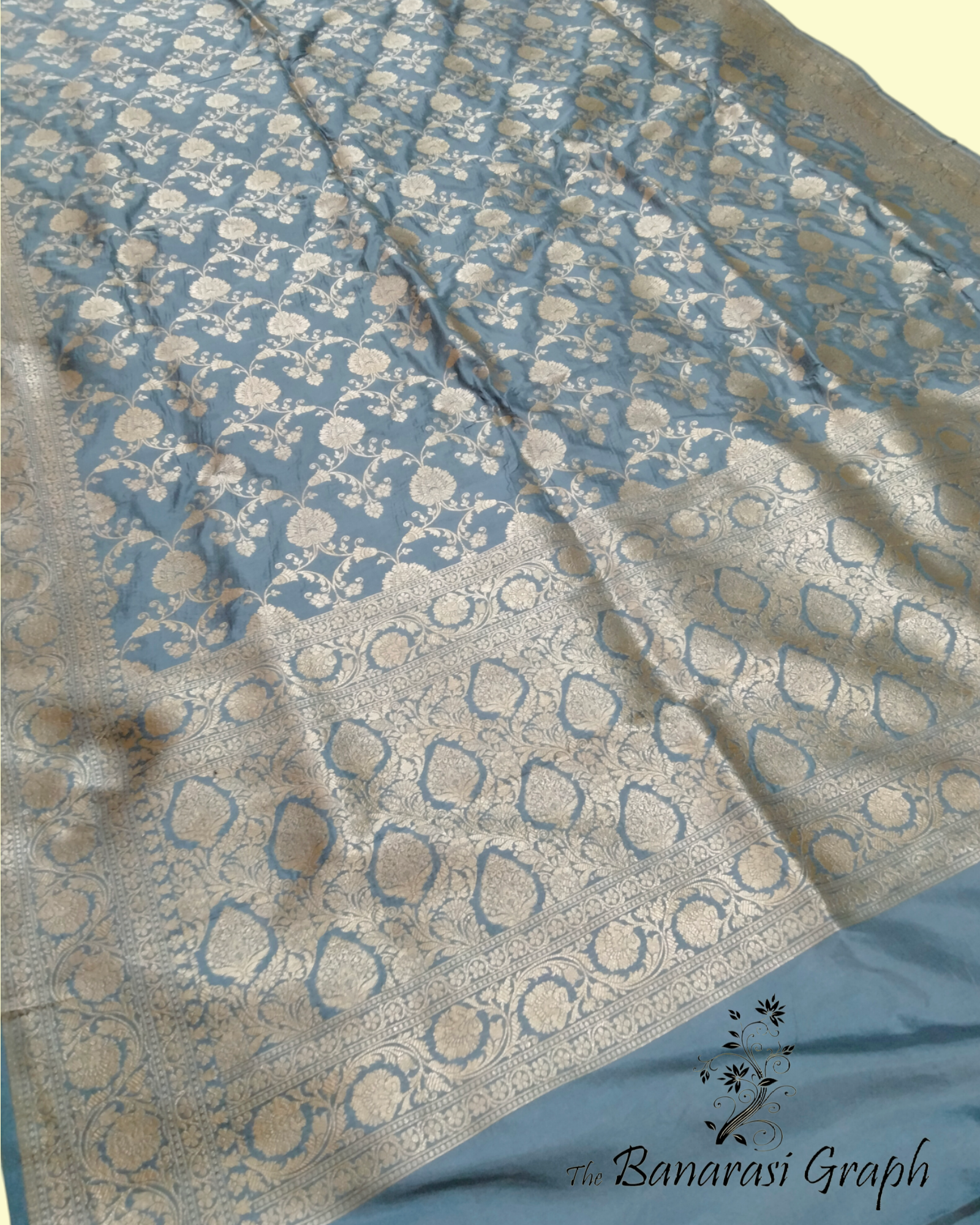 Grey Pure Katan Handloom Silk - All Over Jaal Work Banarasi Saree