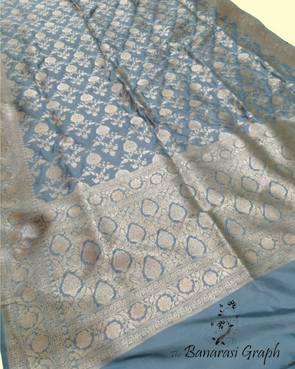 Grey Pure Katan Handloom Silk Uppada - All over Jaal Work Banarasi Saree