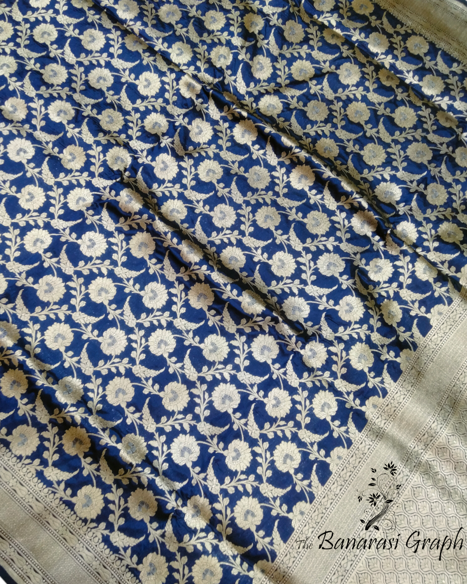Royal Blue Pure Katan Handloom Silk - All Over Jaal Work Banarasi Saree