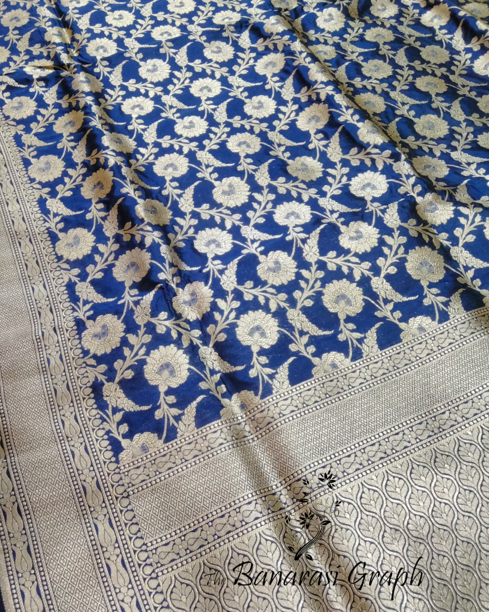 Royal Blue Pure Katan Handloom Silk - All Over Jaal Work Banarasi Saree