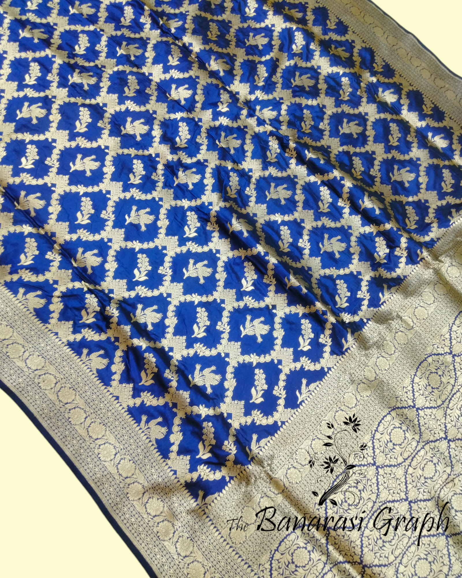 Royal Blue Pure Katan Handloom Silk - All Over Jaal Work Banarasi Saree