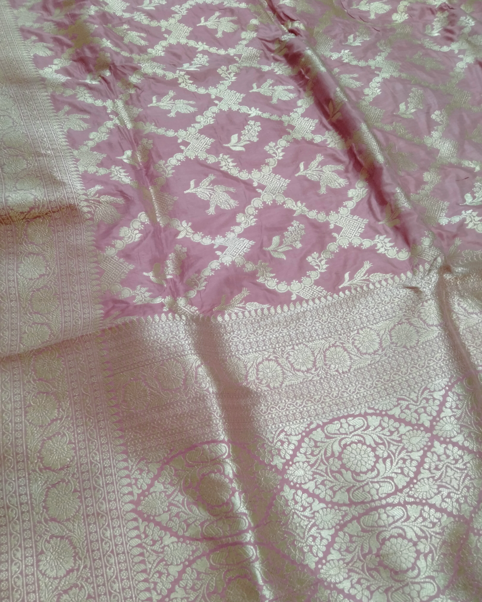 Pink Pure Katan Handloom Silk - All Over Jaal Work Banarasi Saree