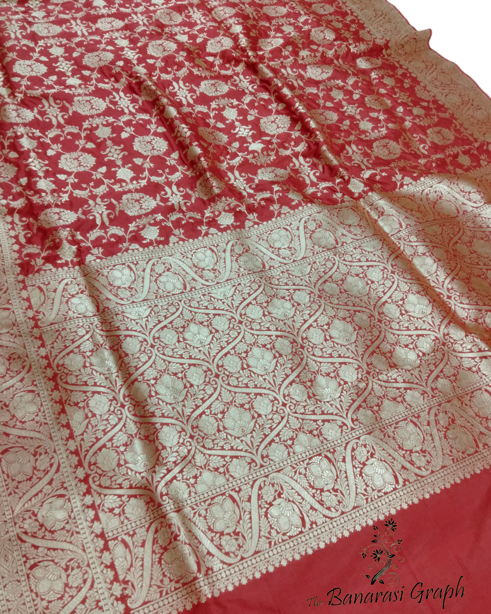 Red Pure Katan Handloom Silk - All Over Jaal Work Banarasi Saree