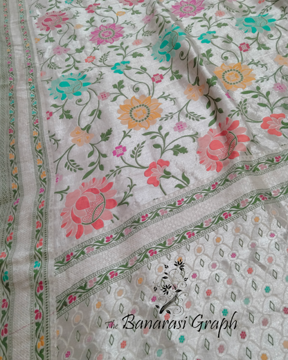 Pure Tussar Georgette Handloom Alfi Meenakari - All Over Jaal Work Banarasi Saree