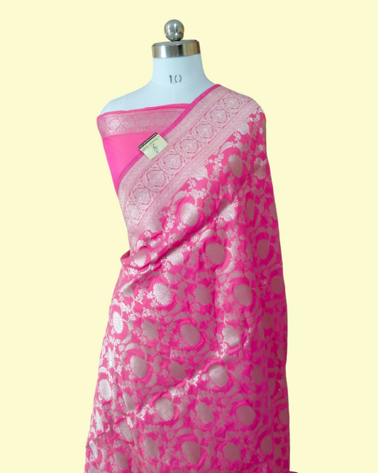 Hot Pink Pure Katan Uppada - All Over Jaal Work Banarasi Saree