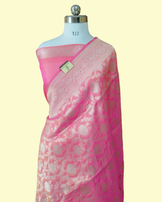 Shine Pink Pure Katan Uppada - All Over Jaal Work Banarasi Saree