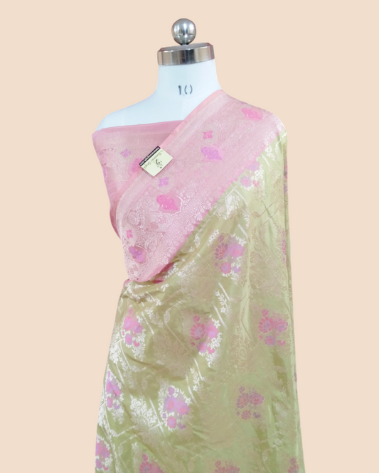 Pista Pure Katan Handloom - All Over Jaal Work with Tilfi Meenakari Banarasi Saree