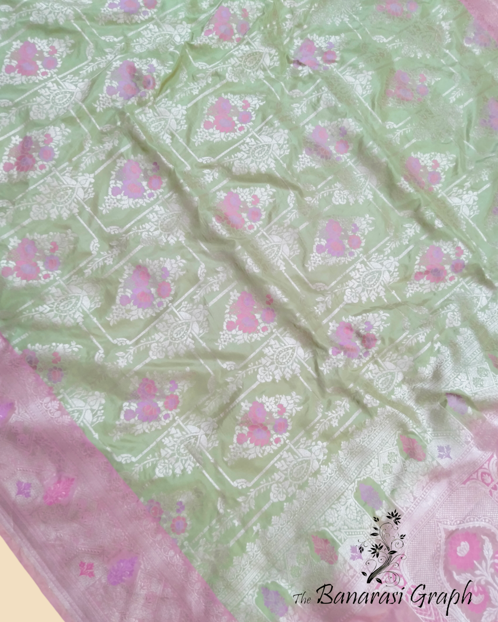 Pista Pure Katan Handloom Silk - All Over Jaal Work with Tilfi Meenakari Banarasi Saree