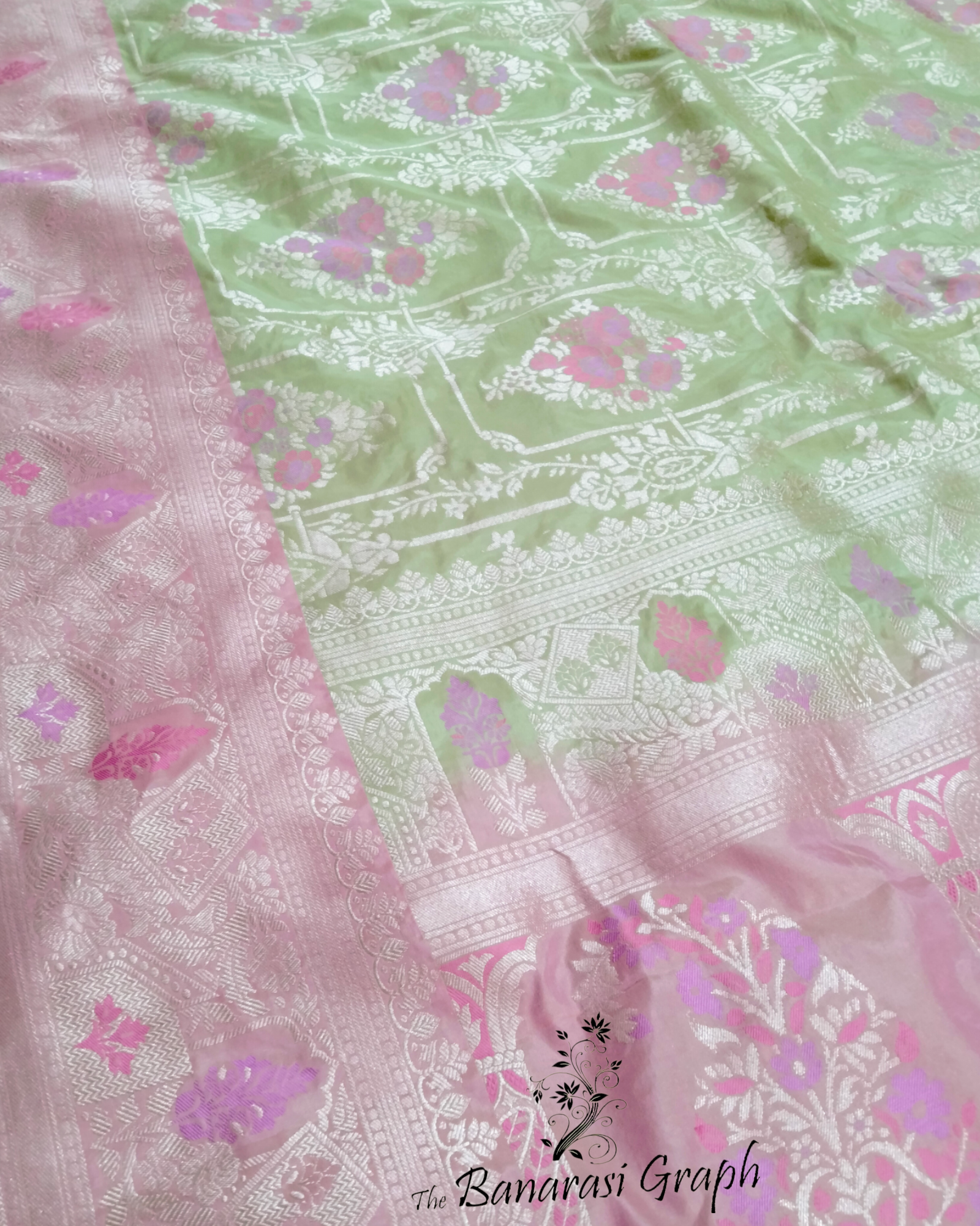 Pista Pure Katan Handloom Silk - All Over Jaal Work with Tilfi Meenakari Banarasi Saree