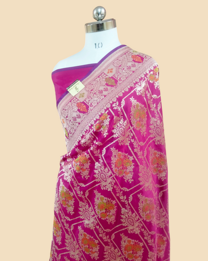 Hot pink Pure Katan Handloom - All Over Jaal Work with Tilfi Meenakari Banarasi Saree