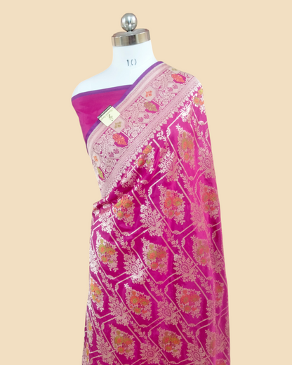 Hot pink Pure Katan Handloom - All Over Jaal Work with Tilfi Meenakari Banarasi Saree