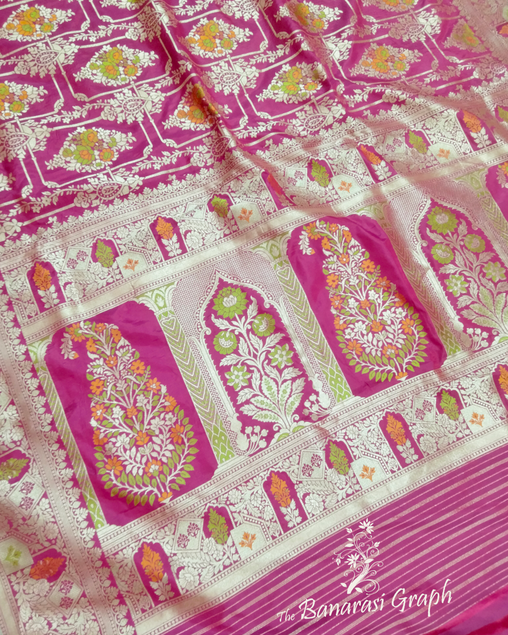 Hot Pink Pure Katan Handloom Silk - All Over Jaal Work with Tilfi Meenakari Banarasi Saree