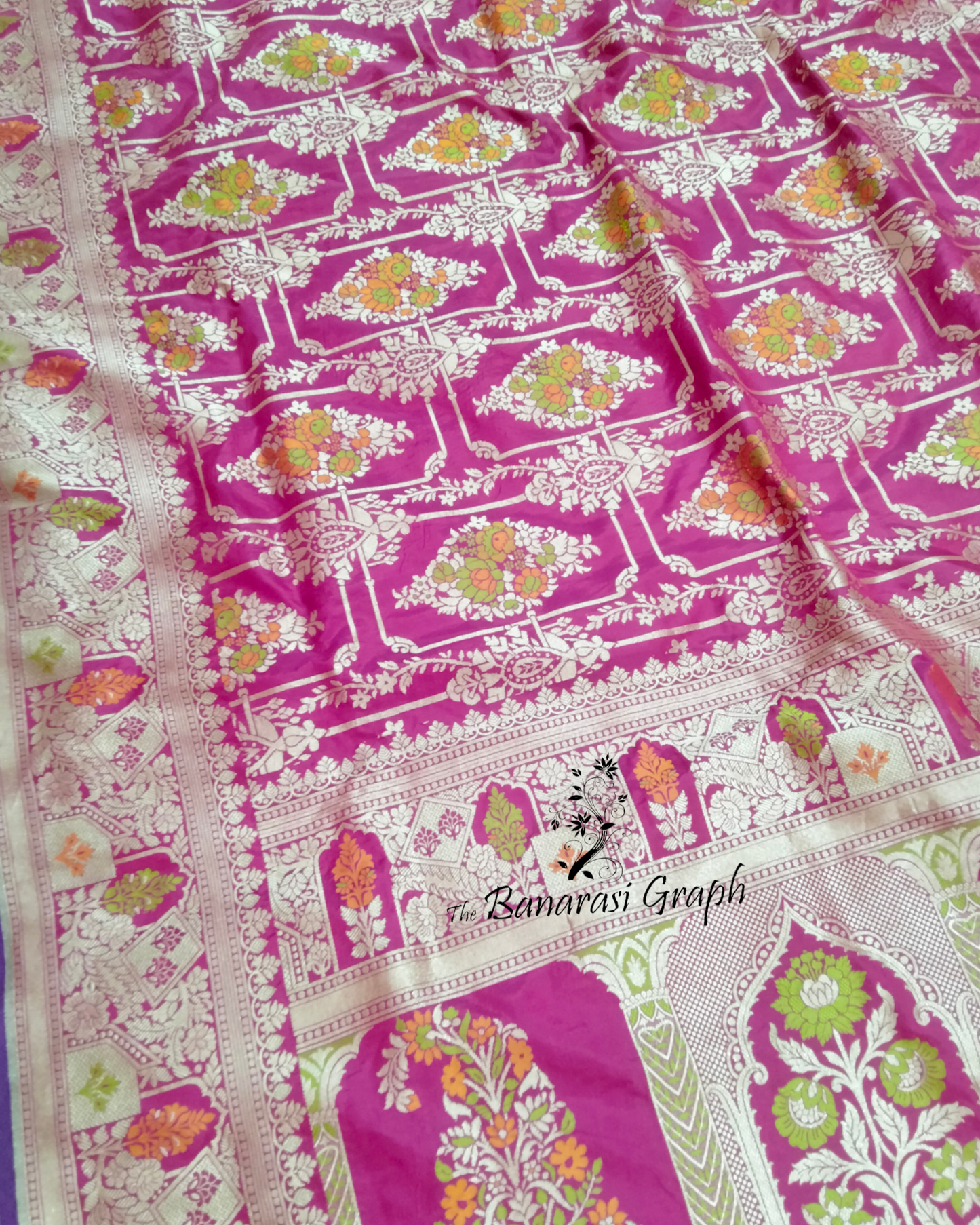 Hot pink Pure Katan Handloom - All Over Jaal Work with Tilfi Meenakari Banarasi Saree