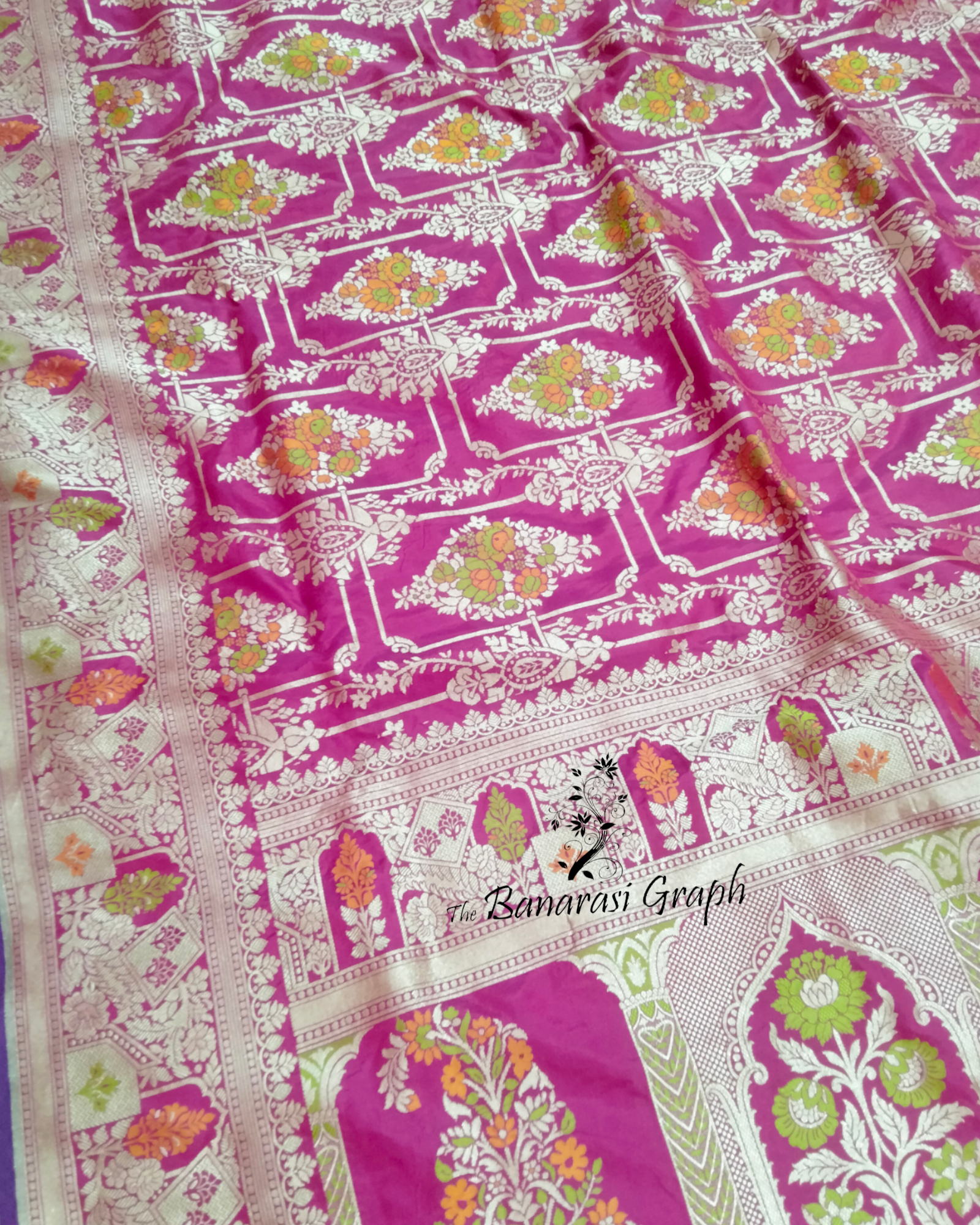 Hot Pink Pure Katan Handloom Silk - All Over Jaal Work with Tilfi Meenakari Banarasi Saree