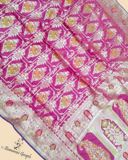 Hot pink Pure Katan Handloom - All Over Jaal Work with Tilfi Meenakari Banarasi Saree