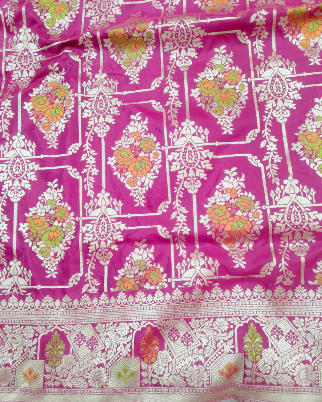 Hot Pink Pure Katan Handloom Silk - All Over Jaal Work with Tilfi Meenakari Banarasi Saree